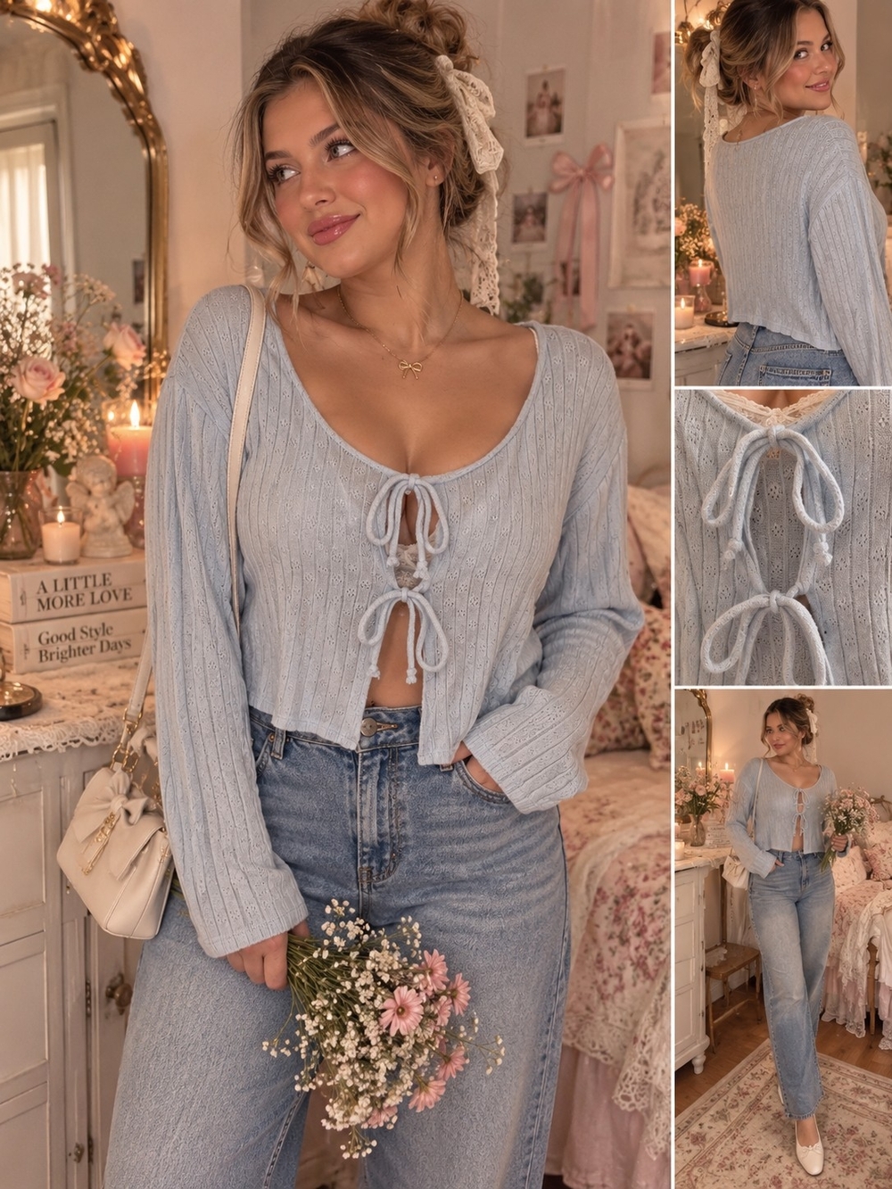 Baby Blue Pointelle Tie Front Cardigan M/L Coquette Balletcore Y2K